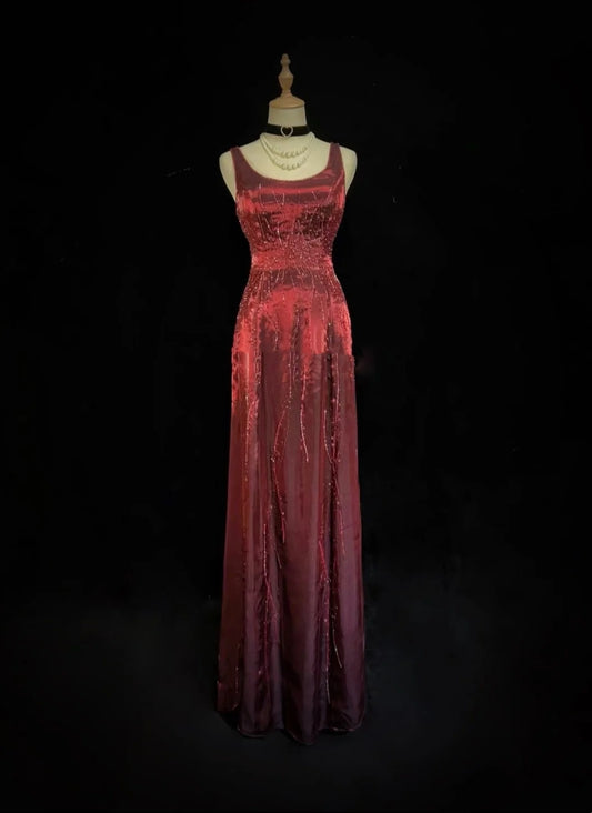 Vintage 90s Prom Dresses A Line Square Neck Burgundy Taffeta With Beads Long Prom Gown N3030