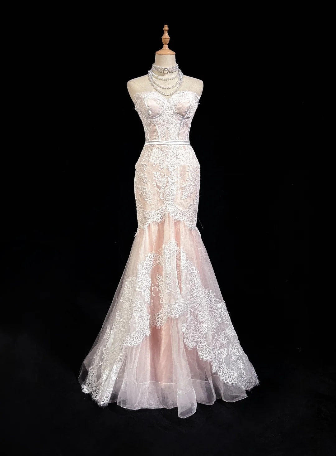 Vintage Prom Dresses Mermaid Sweetheart Pink Lace With Ruffles Long Formal Dress N2498