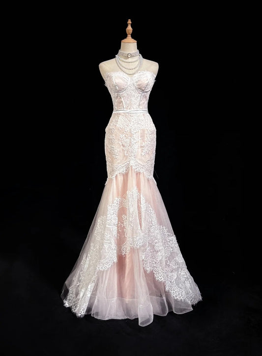 Vintage Prom Dresses Mermaid Sweetheart Pink Lace With Ruffles Long Formal Dress N2498