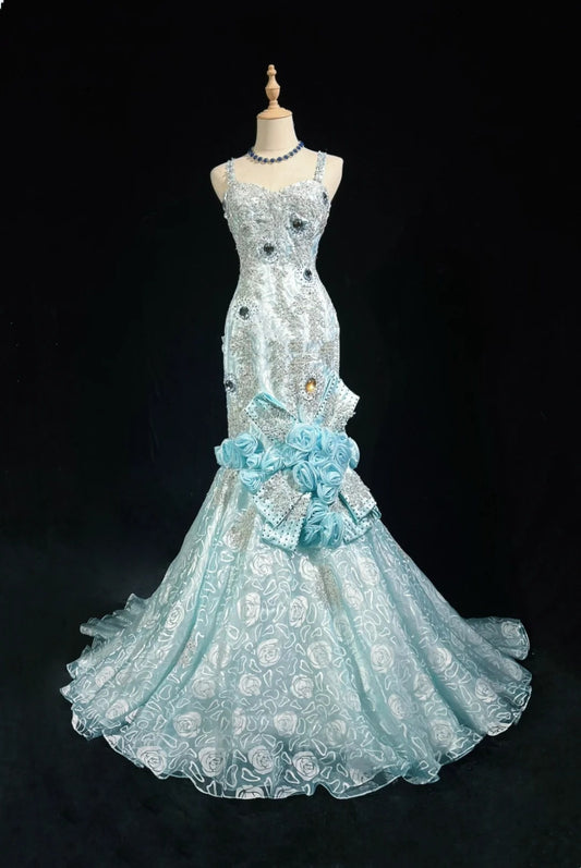 Beautiful Prom Dresses Mermaid Spaghetti Strap Light Blue With Flowers Beading Long Evening Outfits N3319