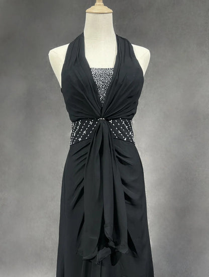 Vintage Prom Dresses A line Halter Black Chiffon With Beading 1970s Long Formal Gown N2619