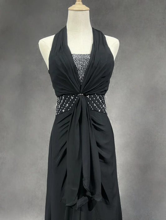 Vintage Prom Dresses A line Halter Black Chiffon With Beading 1970s Long Formal Gown N2619