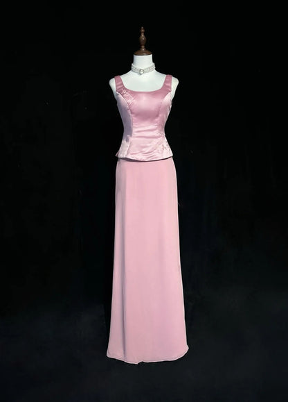 Vintage Prom Dresses A line Square Neck Pink Satin With Pearls 90s Long Formal Evening Gown N2662