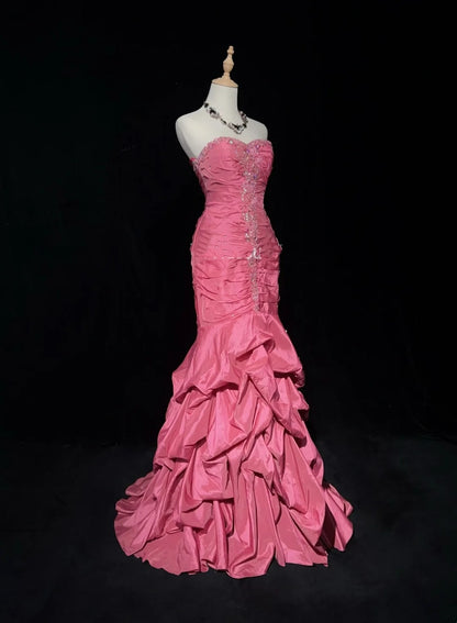 Vintage Prom Dresses Mermaid Sweetheart Pink Satin With Tiered Layers 90s Long Evening Gown N2916
