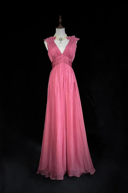 Vintage Prom Dresses Inspo A line V Neck Pink Chiffon With Folded For Women Formal Dress N3257