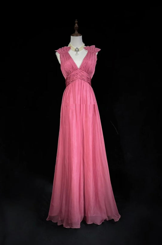 Vintage Prom Dresses Inspo A line V Neck Pink Chiffon With Folded For Women Formal Dress N3257