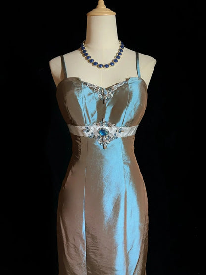 Dreamy 90s Prom Dresses Mermaid Spaghetti Strap Satin With Beading Formal Evening Outfits N3825