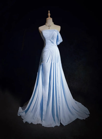 Vintage Prom Dresses Mermaid Off The Shoulder Light Blue 70s With Ruffles Chiffon Long Formal Party Dress N2517