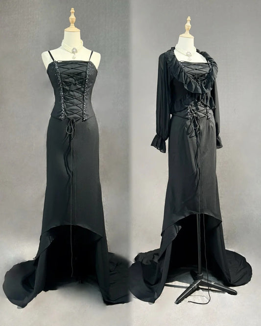 Vintage Prom Dresses 1950s High Low Spaghetti Straps Black Tie Dress Sleeveless Evening Formal Outfits RB4339