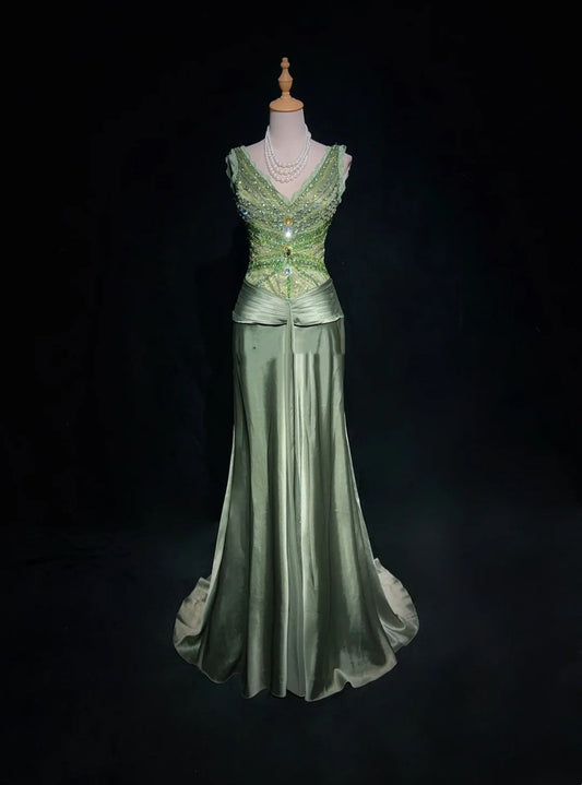 Vintage Prom Dresses Mermaid V Neck Sage Green Sleeveless Satin With Beading 1980s Long Formal Gown N2865