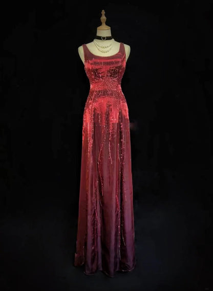 Vintage Prom Dresses A line Square Burgundy With Sparkles Beaded 80s Evening Formal Dress RB3278