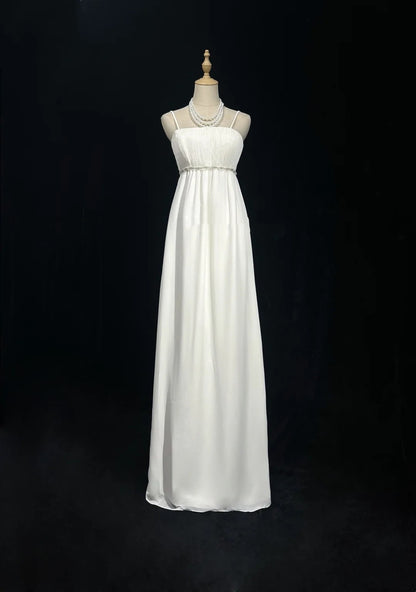 White Prom Dress Inspo A line Spaghetti Straps With Beading Modest Long Formal Party Gown RC0087