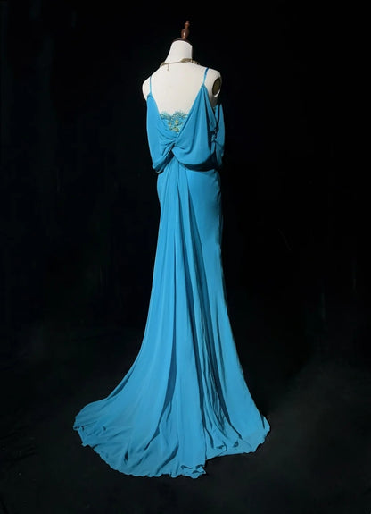 Gothic Glam Prom Dresses Mermaid Spaghetti Strap Blue Chiffon Sleeveless With Beaded Semi Formal Evening Dress N3819