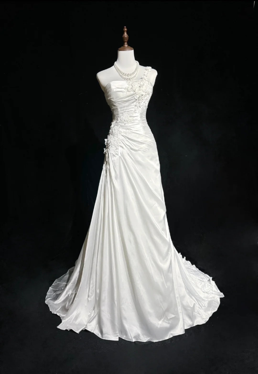 Vintage Prom Dresses Mermaid One Shoulder White With Ruffle Appliques Satin 90s Formal Gown N2589