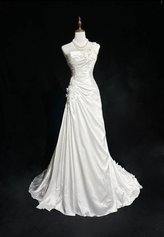 Vintage Prom Dresses Mermaid One Shoulder White With Ruffle Appliques Satin 90s Formal Gown N2589