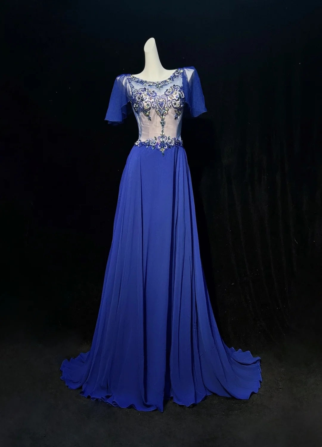 Royal Blue Prom Dress Inspo A line Jewel Chiffon With Beaded Birthday Outfits Formal Party Gown RC0126