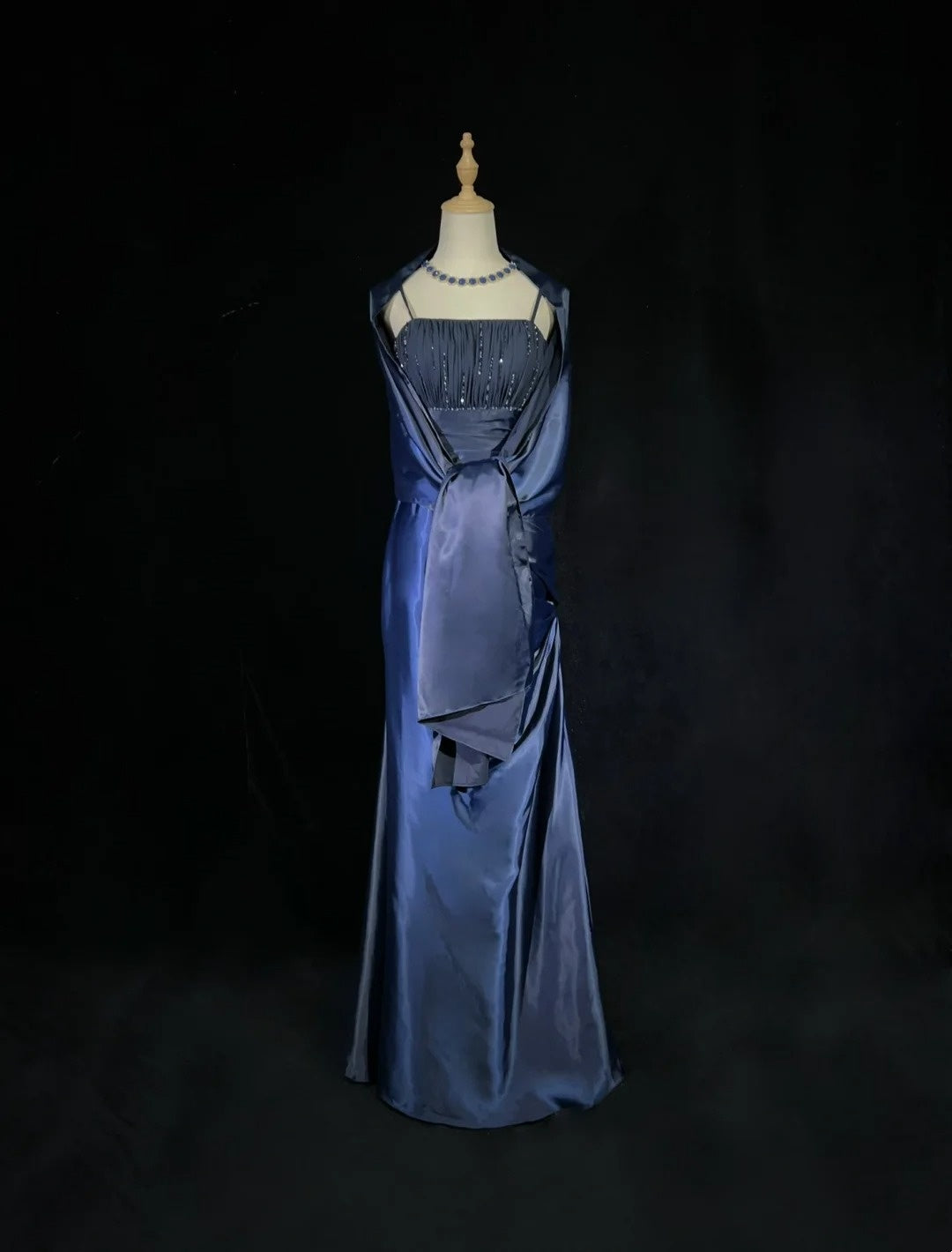 Elegant Prom Dresses Mermaid Spaghetti Strap Navy Blue With Cape Sleeveless Long Formal Gown N2880