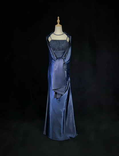Elegant Prom Dresses Mermaid Spaghetti Strap Navy Blue With Cape Sleeveless Long Formal Gown N2880