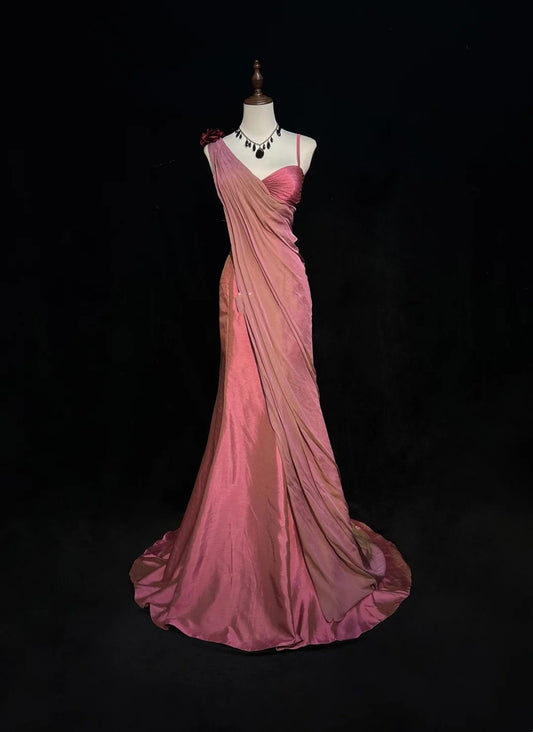 Vintage Prom Dresses 1960s Mermaid Asymmetrical Shoulder Straps Chiffon Pink With Ruffled Long Prom Gown N3095