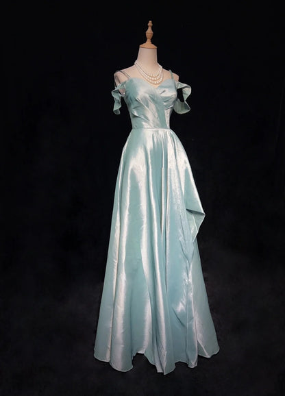 Elegant Chic Prom Dresses A line Spaghetti Strap Light Sky Blue Satin With Sleeves Semi Formal Evening Gowns N3800