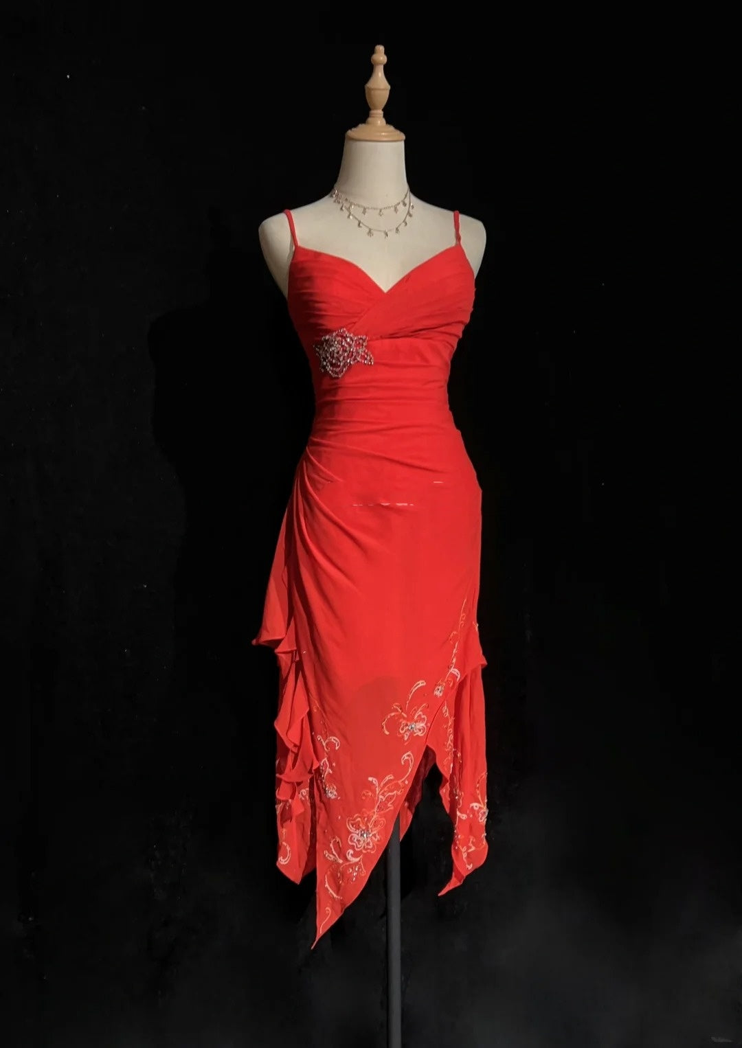 Vintage Prom Dresses A line Spaghetti Strap Red Mid Length Chiffon 1990s Formal Evening Gown N2665