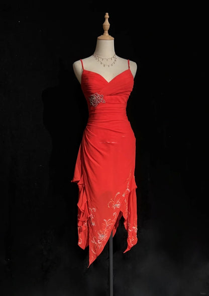 Vintage Prom Dresses A line Spaghetti Strap Red Mid Length Chiffon 1990s Formal Evening Gown N2665