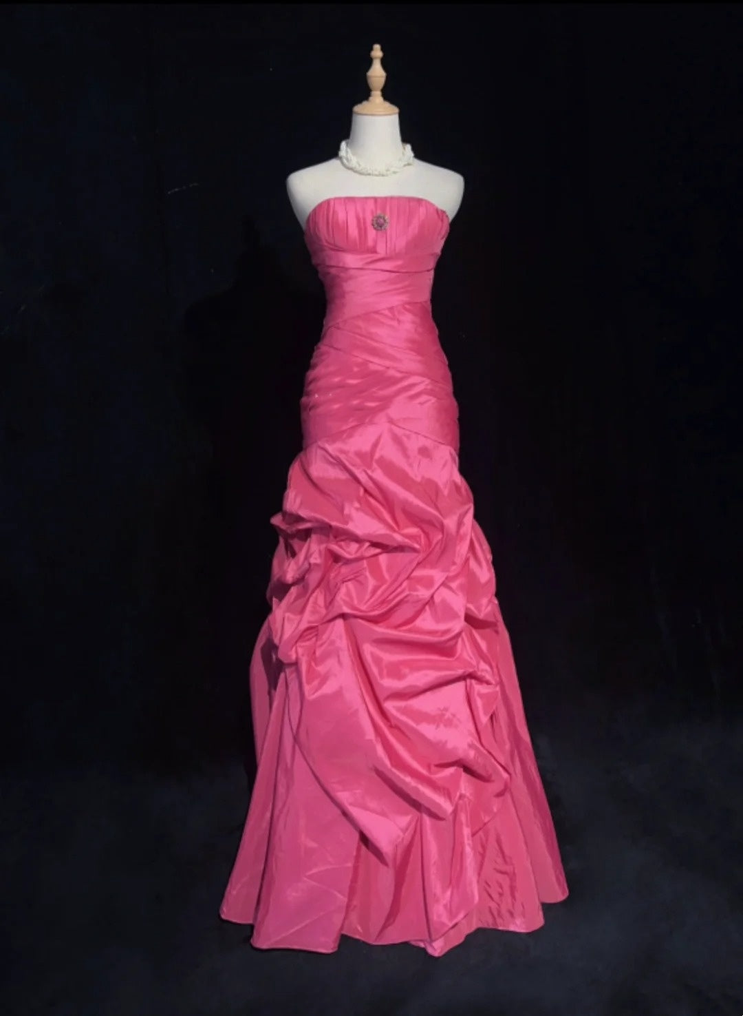Vintage Prom Dresses Mermaid Strapless Hot Pink Satin With Tiered Layers 90s Long Evening Gown N2915