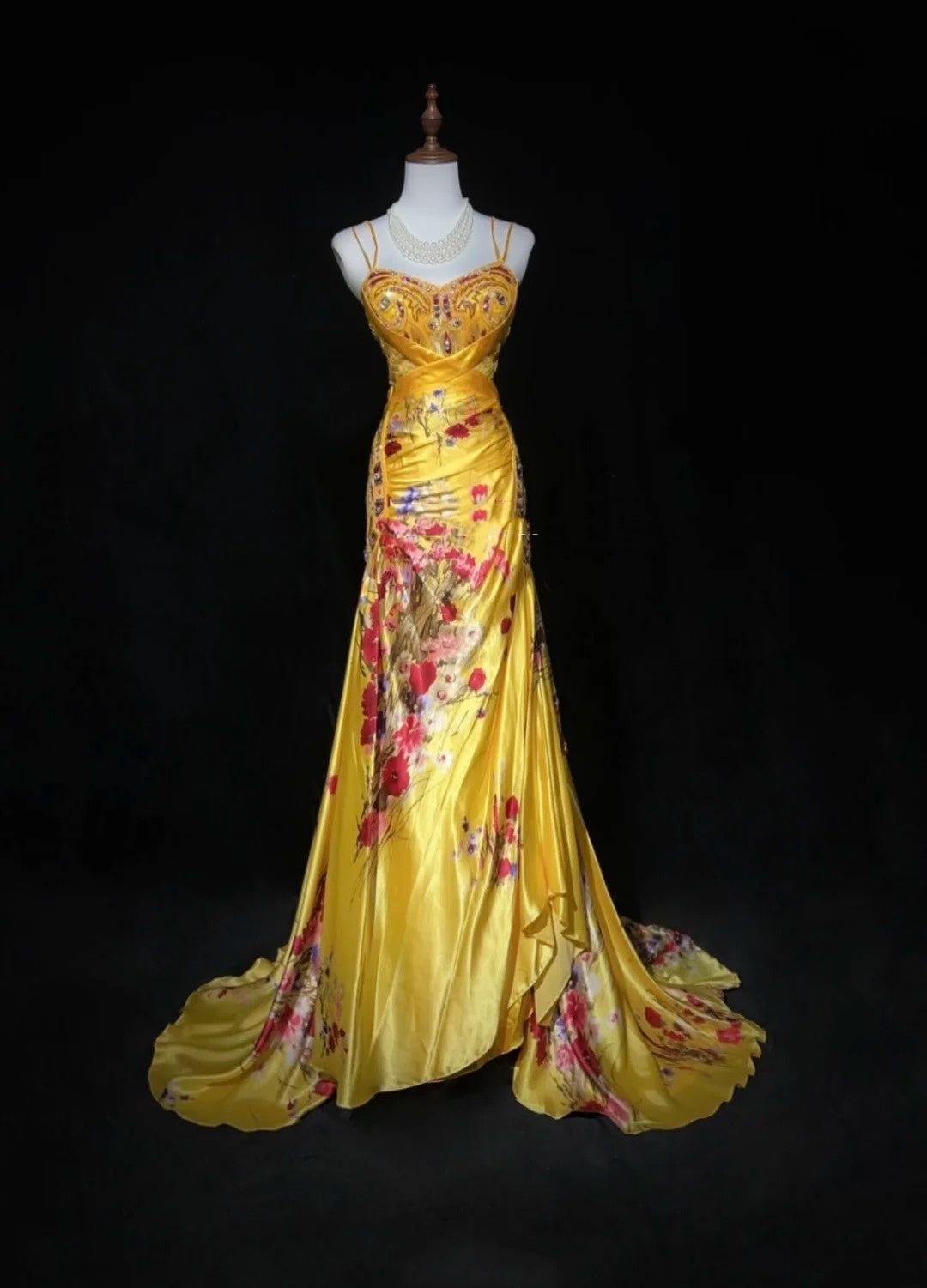 Yellow Prom Dress Inspo Mermaid Spaghetti Straps Floral Satin Long Formal Party Gown RC0097
