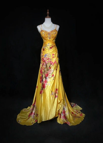 Yellow Prom Dress Inspo Mermaid Spaghetti Straps Floral Satin Long Formal Party Gown RC0097