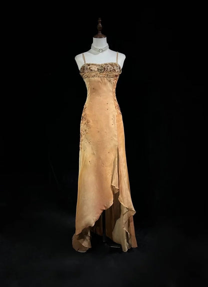 Gold Prom Dress Inspo A line Spaghetti Straps With Beading High Low Birthday Outfits Formal Party Gown RC0104