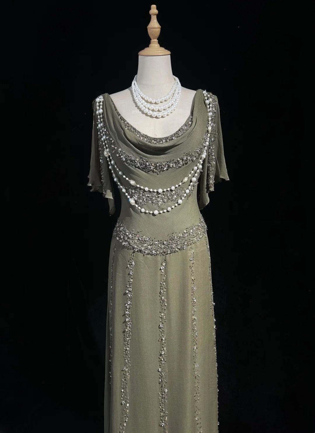 Vintage Prom Dresses A Line Cowl Neck Chiffon With Beaded 80s Evening Formal Dress RB3273