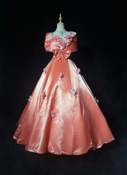 Princess Satin Spaghetti Straps Pink With Flowers Sweet 16 Dress Ball Gown Formal Party Sweet Sixteen Dress RC0098