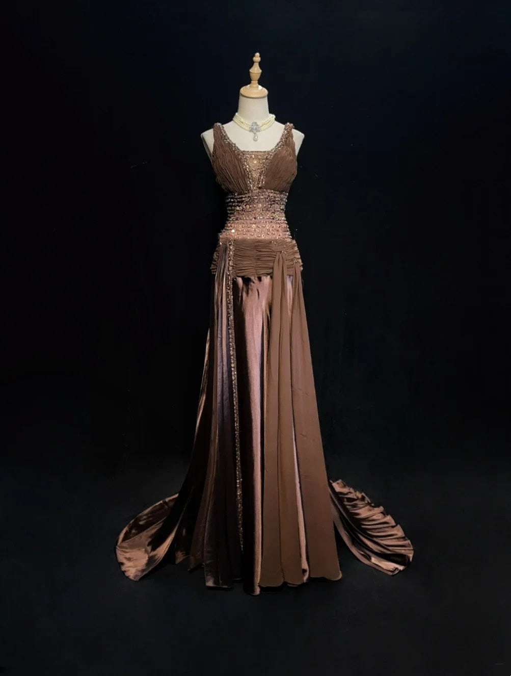 Vintage Prom Dresses Mermaid Chocolate Chiffon V Neck With Beading Long Formal Dress N2453