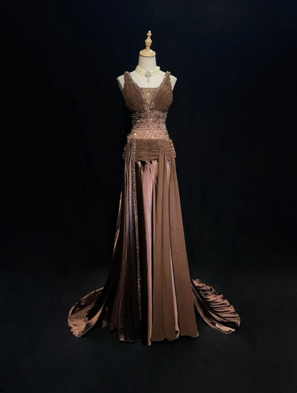 Vintage Prom Dresses Mermaid Chocolate Chiffon V Neck With Beading Long Formal Dress N2453