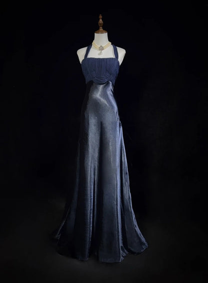 Vintage Prom Dresses Mermaid Halter Navy Blue Chiffon Satin 1990s Formal Evening Gown N2655
