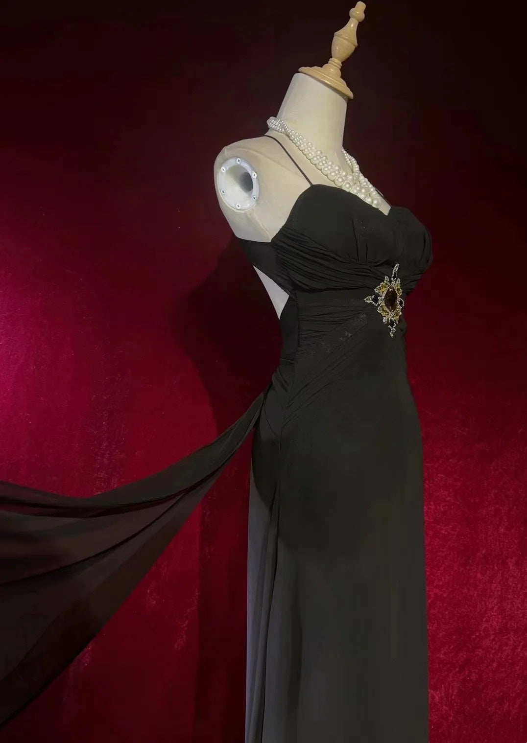 Vintage Prom Dresses A Line Spaghetti Strap Black Tie Dress With Beads 80s Long Formal Gown N2730