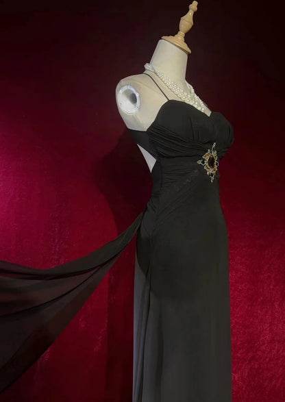 Vintage Prom Dresses A Line Spaghetti Strap Black Tie Dress With Beads 80s Long Formal Gown N2730