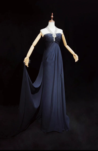 Vintage Prom Dresses A line Halter Navy Blue Chiffon With Beading 1970s Long Formal Gown N2615