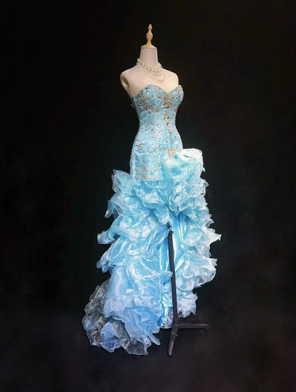 Vintage Prom Dresses High Low Sweetheart Blue Sleeveless 80s Long Formal Gown N2862