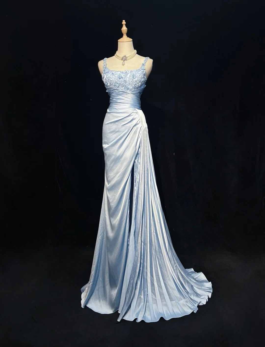 Light Sky Blue Prom Dress Inspo Mermaid Straps With Appliqued Slit Modest Long Formal Party Gown RC0082