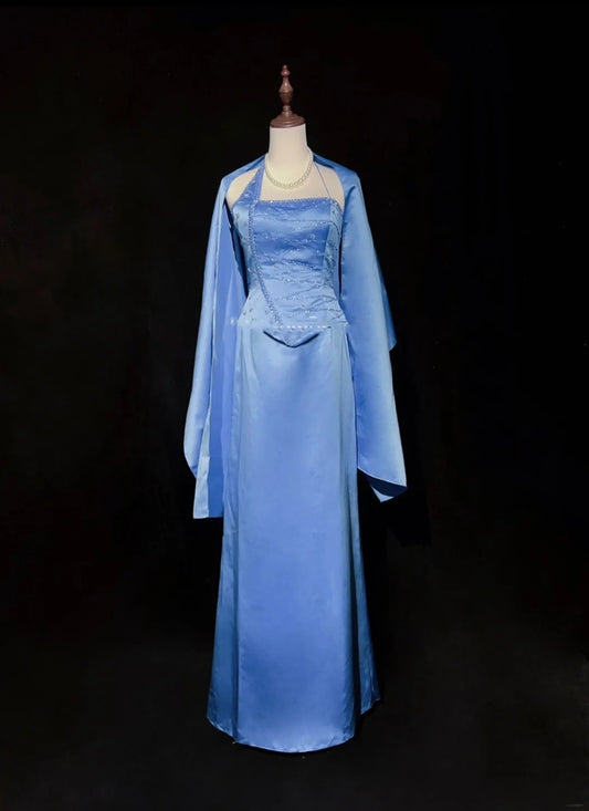 Vintage Prom Dresses A Line Halter Blue Satin With Beading Long Formal Dress N2461