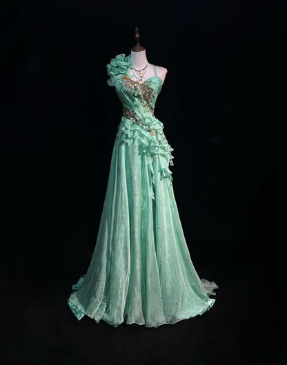 Vintage Prom Dresses A Line One Shoulder Mint Green 70s With Ruffles Chiffon Long Formal Party Dress N2525