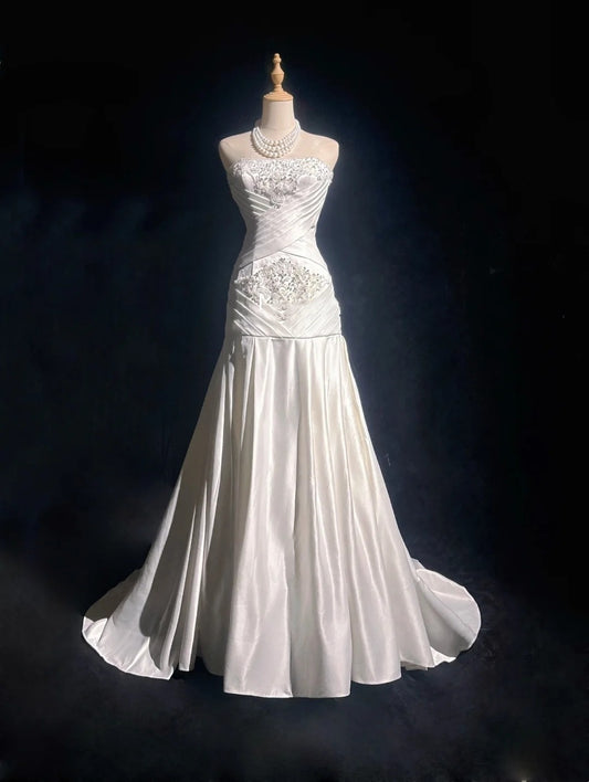 Vintage 90s Prom Dresses Mermaid Strapless White Chiffon With Ruffled Beads Long Prom Gown N3036