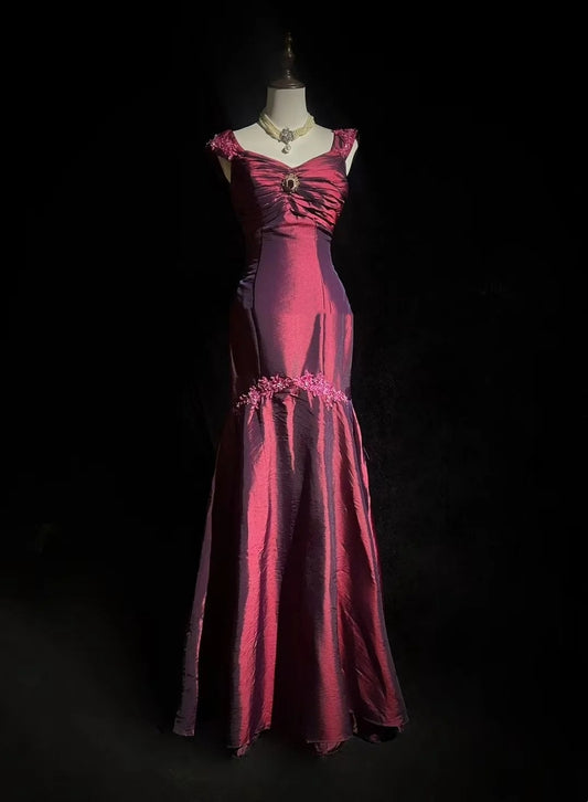Vintage Prom Dresses Mermaid Sweetheart Burgundy With Appliques 1960s Long Formal Gown N2607