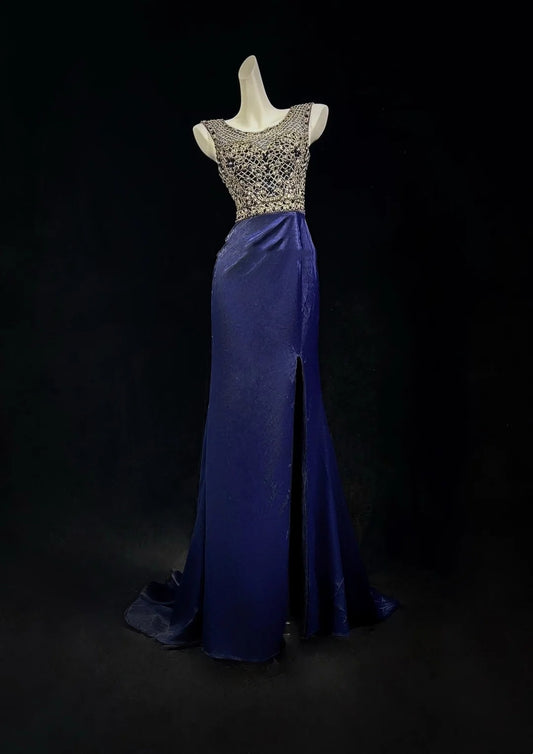 Vintage Prom Dresses 1950s Mermaid Scoop Royal Blue Satin With Split Beads Sleeveless Evening Formal Outfits RB4333