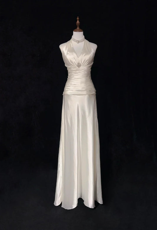Vintage Prom Dresses A line Halter White Satin With Pleated Cape 1960s Long Formal Gown N2604