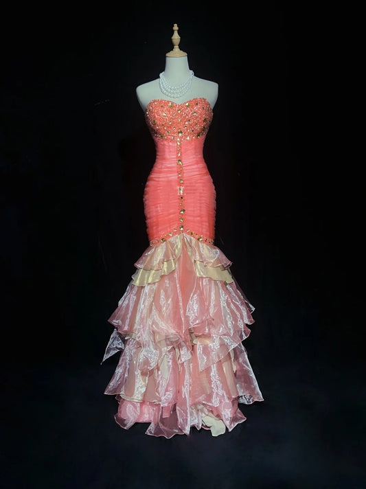 Vintage Prom Dresses Mermaid Sweetheart Coral Pink Tiered Layers With Beading 1970s Long Formal Gown N2617