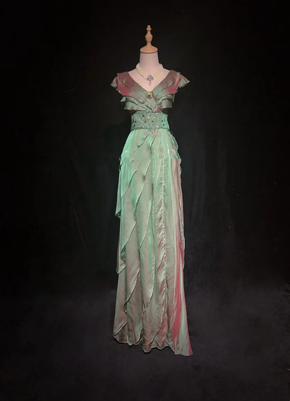 Classy Prom Dresses A line V Neck Green Tiered Layers Chiffon With Ruffle Long Formal Dress N2897