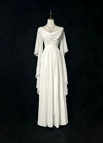 Vintage Prom Dresses 1970s A Line Cowl Neck White Chiffon With Sleeves Prom Dresses Evening Formal Outfits RB5128