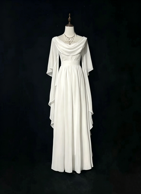 Vintage Prom Dresses 1970s A Line Cowl Neck White Chiffon With Sleeves Prom Dresses Evening Formal Outfits RB5128